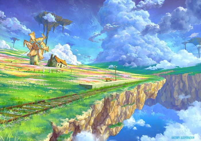 Fantasy landscape with windmill, house, and train station