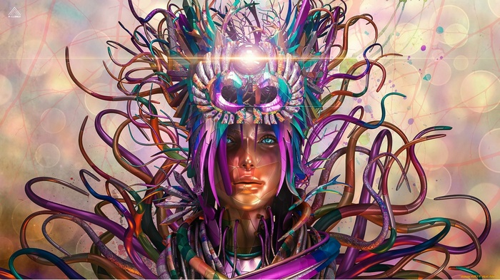 Fantasy girl with elaborate headdress and colorful tendrils