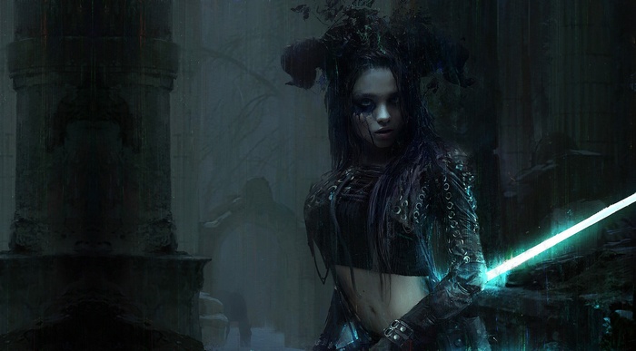 Fantasy girl with horns holding a glowing sword
