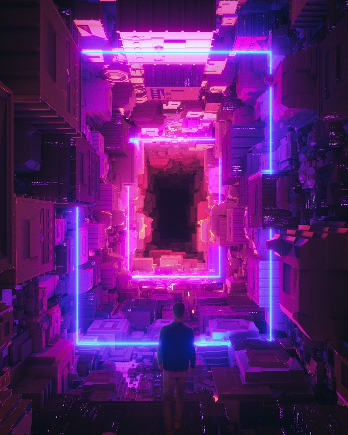 Cyberpunk city with neon lights and a person
