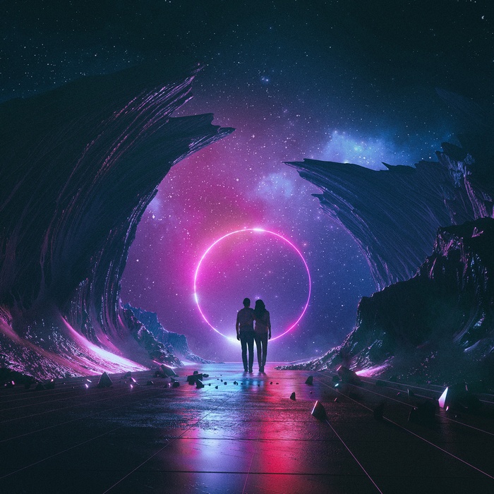 ravine, digital art, beeple, neon, ImagineDragons, 3D, stars, couple