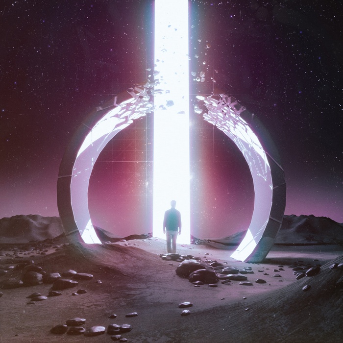 Man standing before a glowing portal on a desolate planet