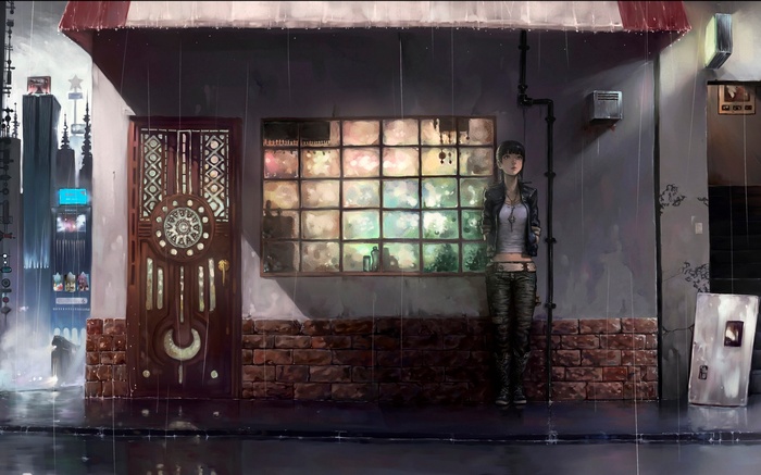 Anime girl in leather jacket standing in the rain
