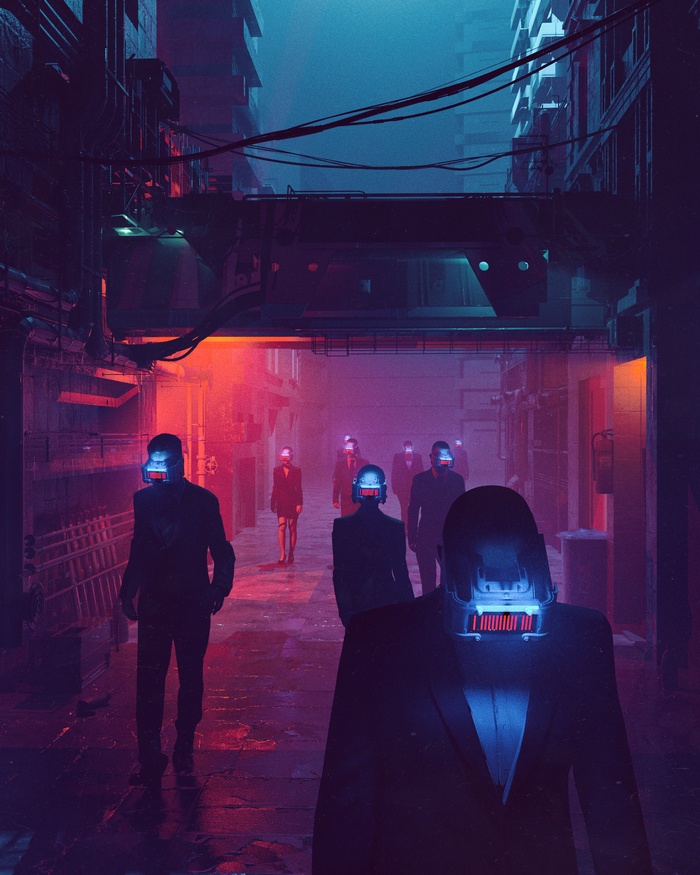 People with futuristic helmets in a neon city alley