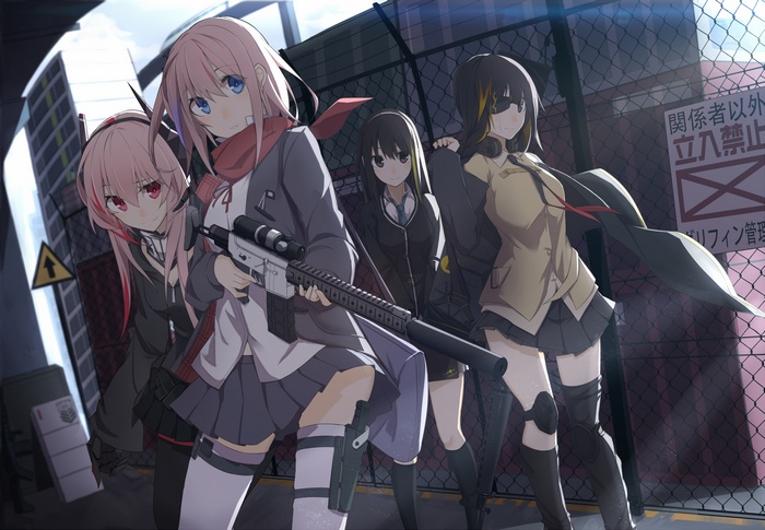 Girls' Frontline characters with firearms in urban setting