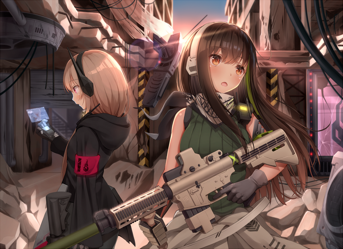 Two anime girls with guns in a destroyed urban environment