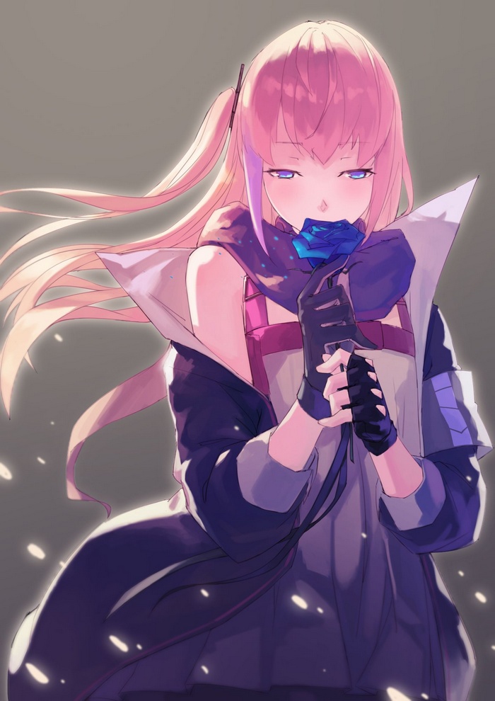 Anime girl with pink hair holding a blue rose