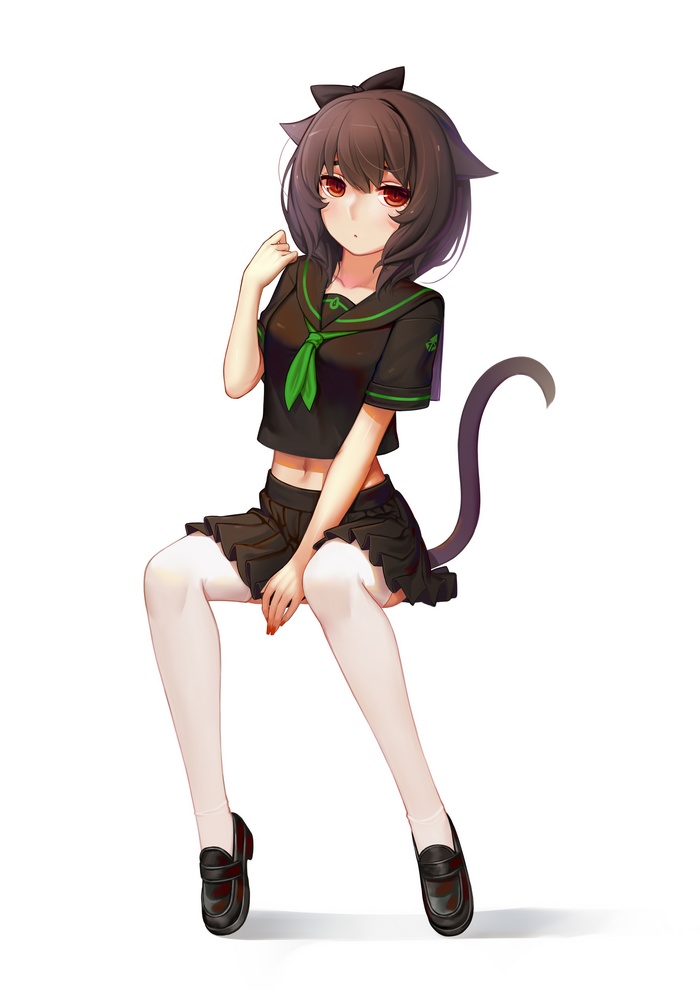 Anime girl with cat ears and tail in school uniform