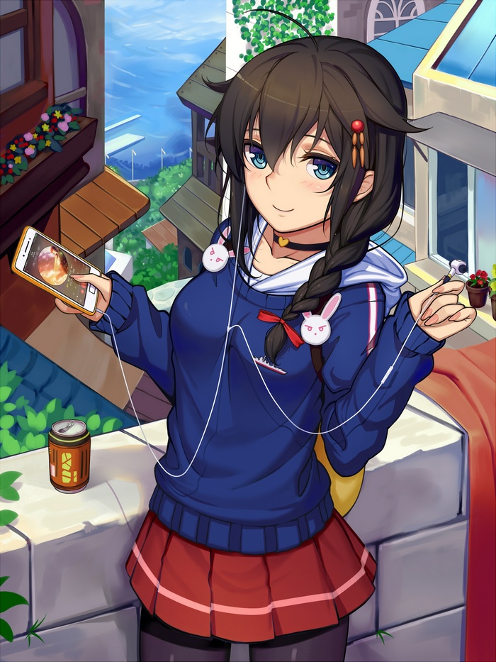 Anime girl with headphones and phone