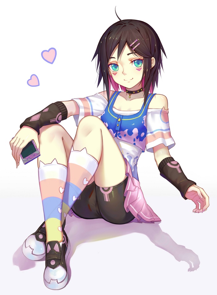 Anime girl with short dark hair and pink highlights sitting