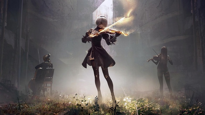 A2 (Nier: Automata), 2B (Nier: Automata), Nier: Automata, musical instrument, violin, 9S (Nier: Automata), album covers, white hair, NieR