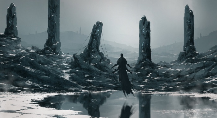 Figure with four arms in a desolate landscape with monoliths
