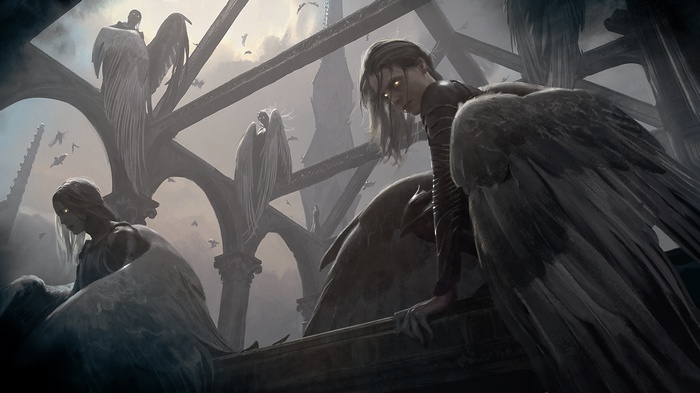 Angels in a gothic structure, artwork by Chase Stone
