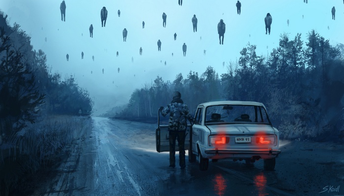 A person by a Lada car on a misty road with floating figures