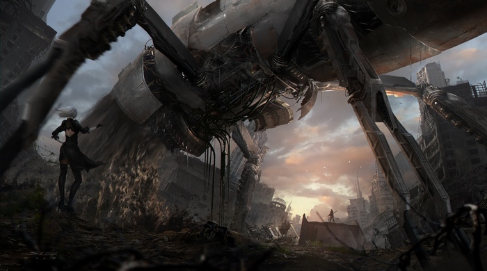 2B from NieR: Automata in a ruined city