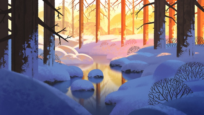 Winter forest landscape with snow and a lake at sunset