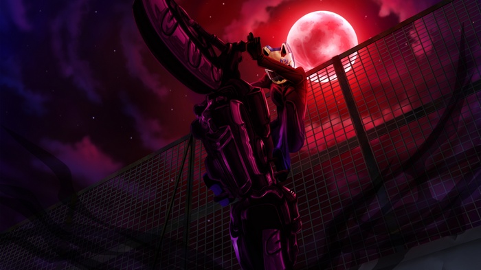 Anime character on a fence under a red moon