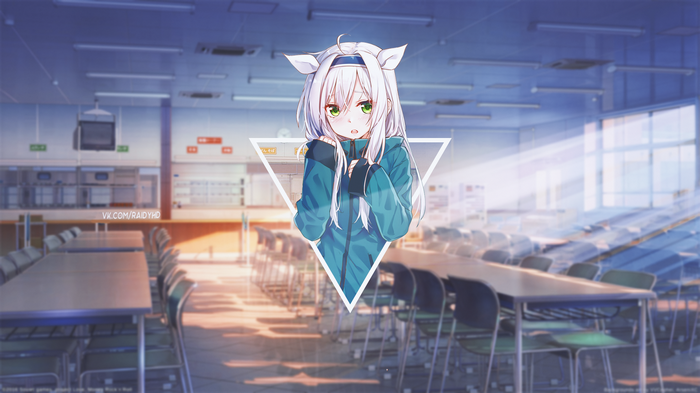 Anime girl with white hair and cat ears in a school cafeteria
