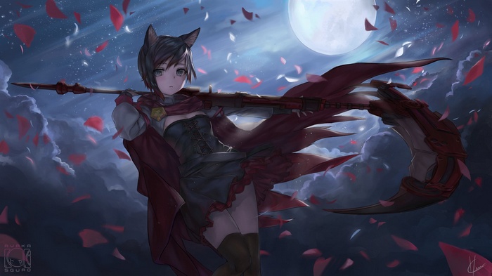 Ruby Rose from RWBY with cat ears holding a scythe