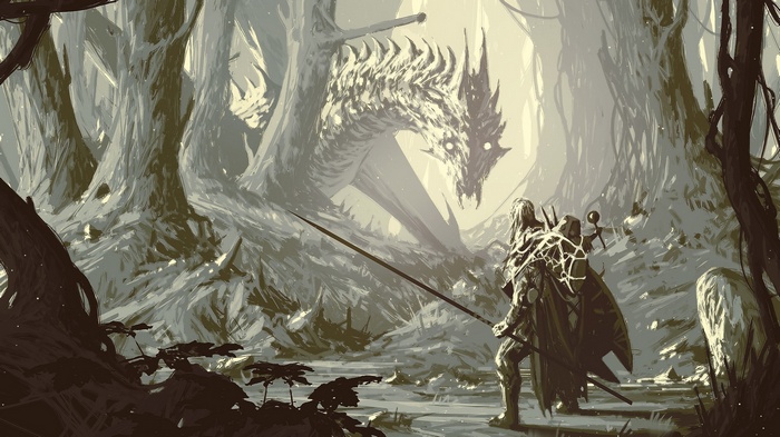 Dragon and warrior in a misty forest