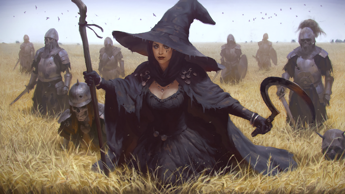 Witch with sickle and skeleton warriors in a wheat field