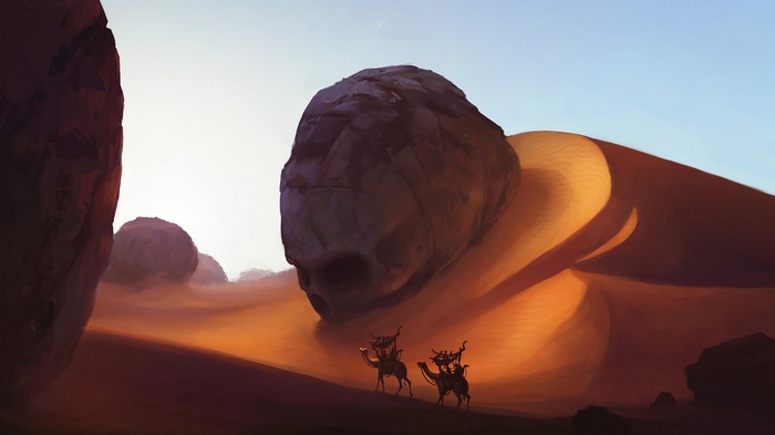 Giant skull in desert with camels