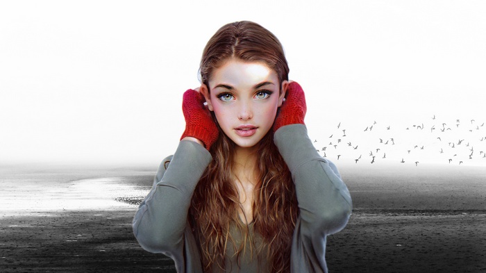Digital art portrait of a woman with red gloves