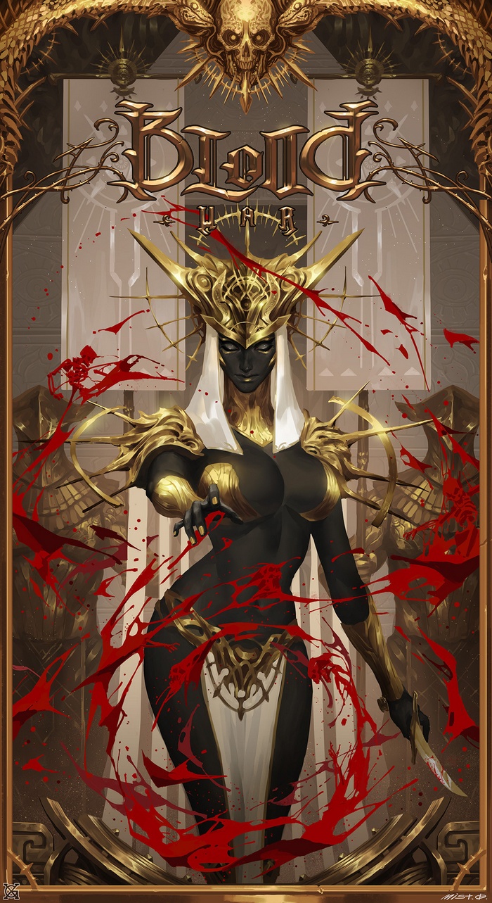 Woman in gold armor with blood splatters