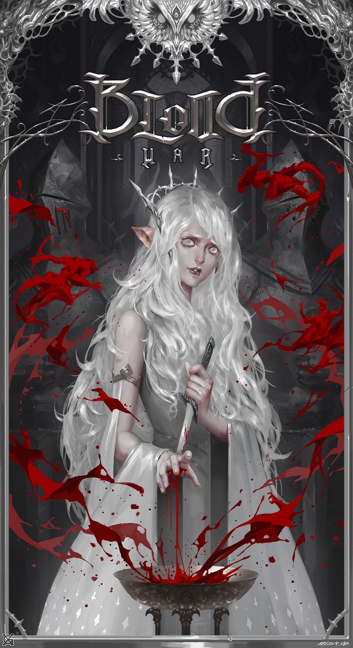 Woman with white hair and blood