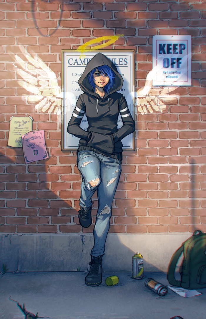 Angel girl with blue hair and wings leaning against a brick wall