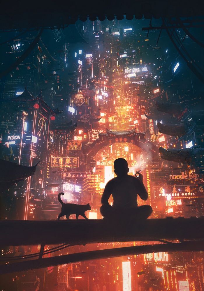 Man and cat in cyberpunk Asian city