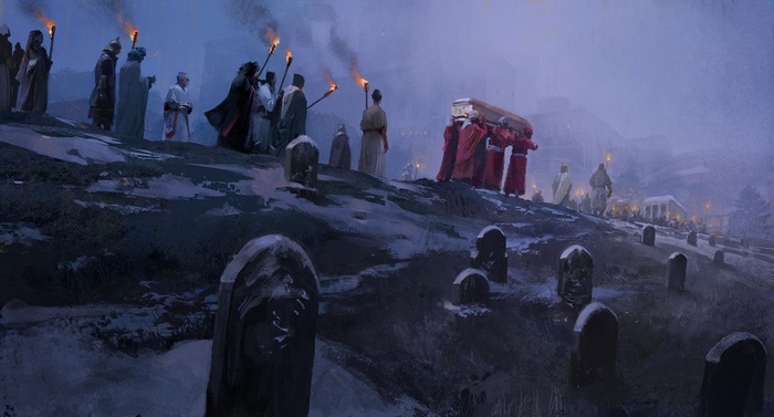 Funeral procession in a cemetery with torches