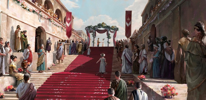 Artwork of a Roman wedding ceremony on stairs