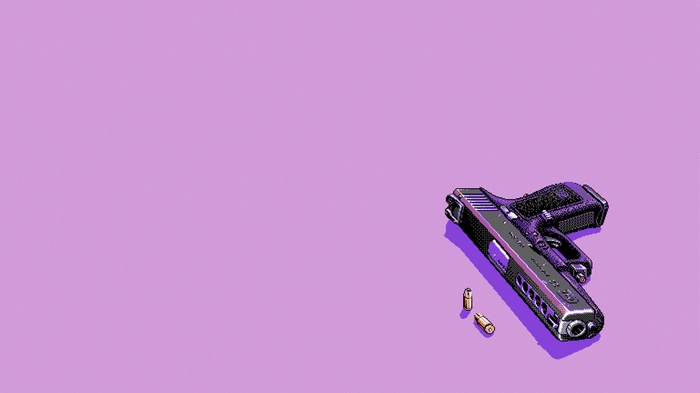 Pixelated Glock pistol with bullets on purple background
