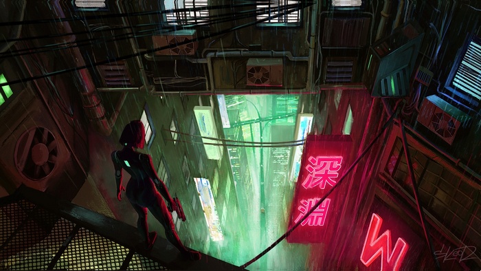Cyberpunk woman with gun in neon cityscape