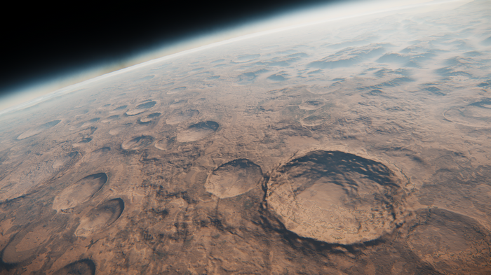 Star Citizen planet surface with craters from orbit
