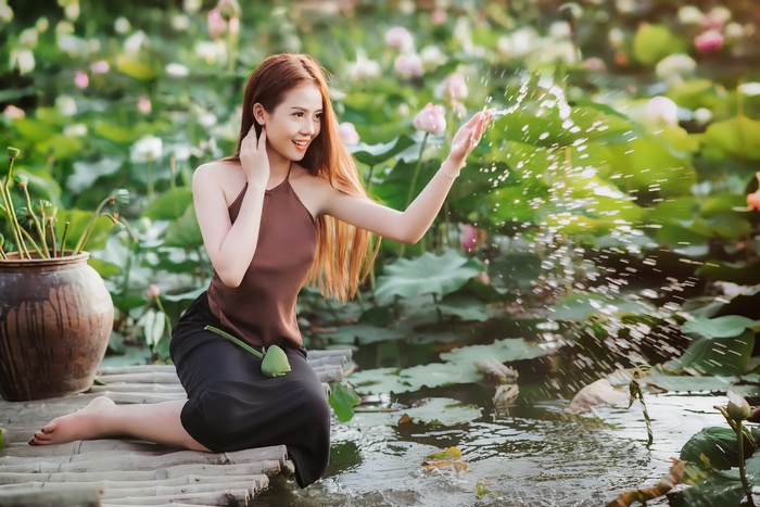water, women outdoors, barefoot, Asian, plants, women