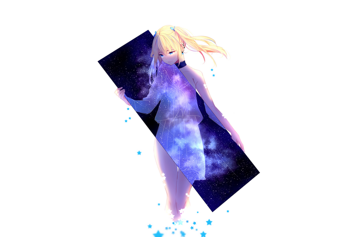 Anime girl with blonde hair holding a galaxy frame