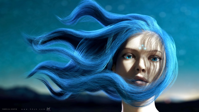 Woman with flowing blue hair against a starry sky