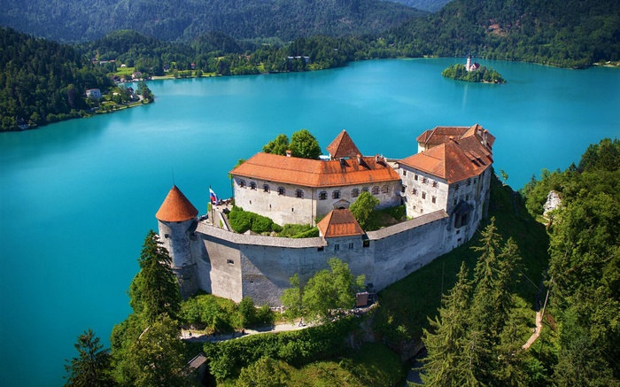 lake, Lake Bled, Slovenia, nature, church, castle, ancient, water, forest, trees, landscape, island, hills