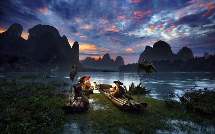 Fishermen with cormorants on bamboo rafts at sunset in China