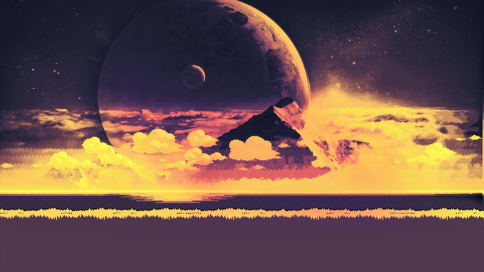 Pixelated alien landscape with planets and stars