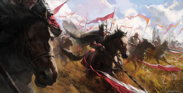 Winged Hussars charging on horseback with flags