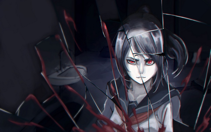 Yandere-chan from Yandere Simulator reflected in broken glass