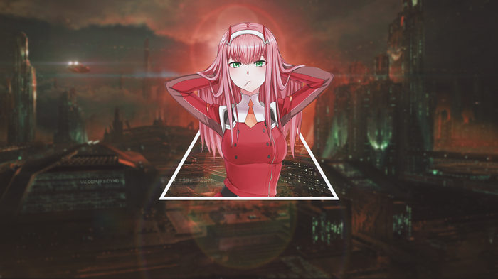 Zero Two from Darling in the FranXX in a futuristic city