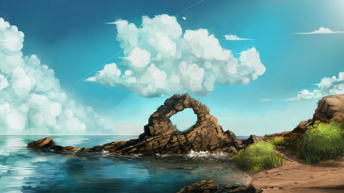 Artwork of a rocky archway on a coastline with clouds