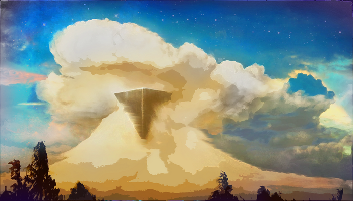 Floating pyramid in clouds with starry sky