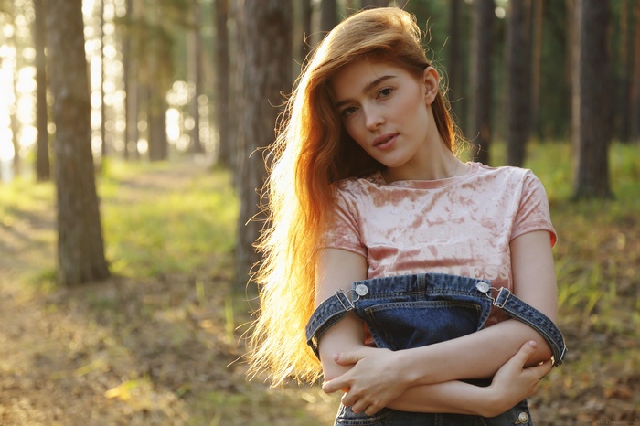 VivThomas, nature, redhead, sunlight, Jia Lissa, women outdoors, forest, women