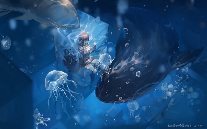 Anime girl and whale underwater with jellyfish
