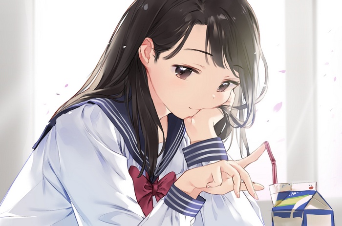 Anime girl in school uniform with a drink